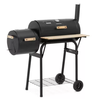 Hiiligrilli savustimella – rauta/puu – 2 kammiota – 2 säilytystasoa – Royal Catering