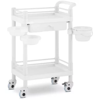 Instrumenttivaunu – 2 mitoiltaan 43 x 30 x 5 cm tasoa – 1 vetolaatikko – 3 astiaa – 20 kg