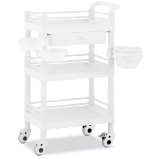 Instrumenttivaunu – 3 mitoiltaan 43 x 30 x 5 cm tasoa – 1 vetolaatikko – 3 astiaa – 30 kg