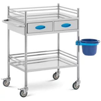 Instrumenttivaunu – ruostumaton teräs – 2 mitoiltaan 58 x 41 x 15 cm tasoa – 2 vetolaatikkoa – 40 kg