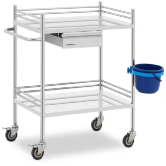 Instrumenttivaunu – ruostumaton teräs – 2 mitoiltaan 60 x 40 x 12,5 cm tasoa – 1 vetolaatikko – 40 kg