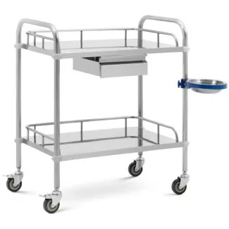 Instrumenttivaunu – ruostumaton teräs – 2 mitoiltaan 61 x 40 x 13 cm tasoa – 1 vetolaatikko – 20 kg