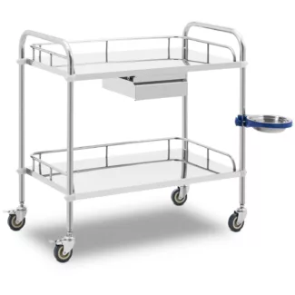 Instrumenttivaunu – ruostumaton teräs – 2 mitoiltaan 74 x 44 x 13 cm tasoa – 1 vetolaatikko – 20 kg