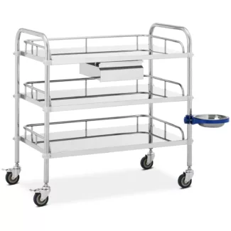 Instrumenttivaunu – ruostumaton teräs – 3 mitoiltaan 74 x 44 x 13 cm tasoa – 1 vetolaatikko – 60 kg