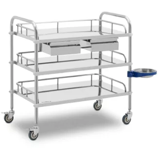 Instrumenttivaunu – ruostumaton teräs – 3 mitoiltaan 76 x 45 x 13 cm tasoa – 2 vetolaatikkoa – 45 kg