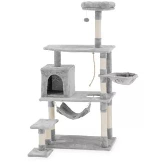 Kissan raapimispuu – vaaleanharmaa – 2 riippumattoa ja pallo – 74,5 x 73 x 158 cm