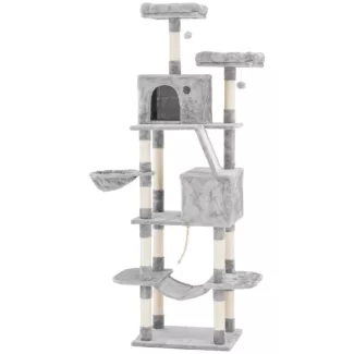 Kissan raapimispuu – vaaleanharmaa – sis. 2 palloa ja riippumaton – 60 x 50 x 206 cm