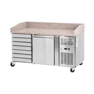 Kylmäpöytä pyörillä – 165 l – 1 lokero – 7 vetolaatikkoa – 151 x 80 cm – luokka B – ruostumaton teräs – Royal Catering Kylmäpöytä pyörillä – 165 l – 1 lokero – 7 vetolaatikkoa – 151 x 80 cm – luokka B – ruostumaton teräs – Royal Catering