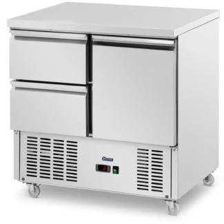 Kylmäpöytä pyörillä – 240 l – 2 vetolaatikkoa / 1 lokero – 90 x 70 cm – luokka C – ruostumaton teräs – Royal Catering