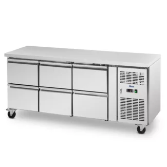 Kylmäpöytä pyörillä – 410 l – 6 vetolaatikkoa – 179,5 x 70 cm – luokka B – ruostumaton teräs – Royal Catering