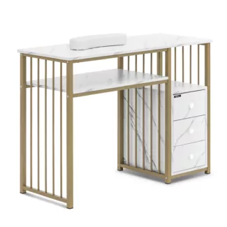 Kynsipöytä imurilla – rautainen runko – marmoroitu/kullanvärinen – 3 vetolaatikkoa – rannetuki