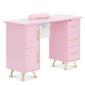 Kynsipöytä imurilla – vaaleanpunainen/kullanvärinen – 3 vetolaatikkoa – rannetuki