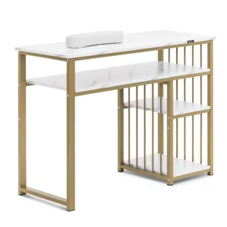 Kynsipöytä – rautainen runko – marmoroitu/kullanvärinen – 3 hyllyä – rannetuki