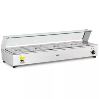 Lämpöhaude – sis. 4 x GN 1/2 astiaa – tyhjennysventtiili – lasisuojus