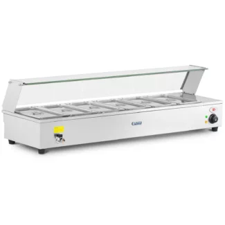 Lämpöhaude – sis. 6 x GN 1/3 astiaa – tyhjennysventtiili – lasisuojus