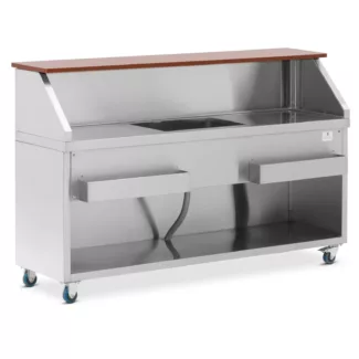 Liikuteltava baarimestarinpöytä – jääastialla ja pullotelineellä – tarjoilutaso puujäljitelmää 180 cm – Royal Catering