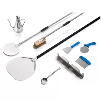 Pizzauunin tarvikkeet – 9 kpl – 2 pizzalapiota – alumiini / puu / messinki / ruostumaton teräs