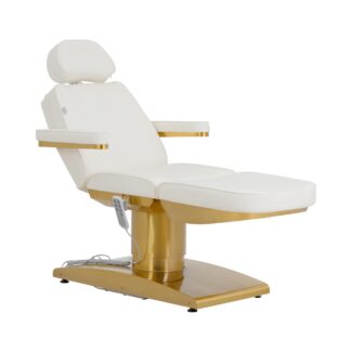 Sähkökäyttöinen hoitotuoli – 200 kg – valkoinen/kultainen – lämmitettävä – 120° kääntyvä Sähkökäyttöinen hoitotuoli – 200 kg – valkoinen/kultainen – lämmitettävä – 120° kääntyvä