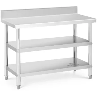 Teräspöytä roiskesuojalla – 120 x 60 x 16.5 cm – 214 kg – 2 hyllyä – Royal Catering
