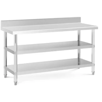 Teräspöytä roiskesuojalla – 150 x 60 x 16.5 cm – 226 kg – 2 hyllyä – Royal Catering
