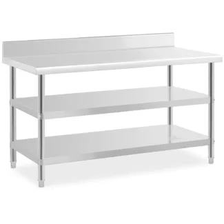 Teräspöytä roiskesuojalla – 150 x 70 x 16.5 cm – 226 kg – 2 hyllyä – Royal Catering