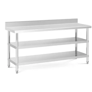 Teräspöytä roiskesuojalla – 180 x 60 x 16.5 cm – 226 kg – 2 hyllyä – Royal Catering