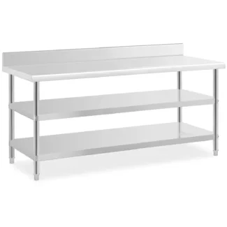 Teräspöytä roiskesuojalla – 180 x 70 x 16.5 cm – 226 kg – 2 hyllyä – Royal Catering