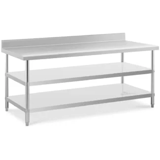 Teräspöytä roiskesuojalla – 200 x 90 x 16.5 cm – 240 kg – 2 hyllyä – Royal Catering